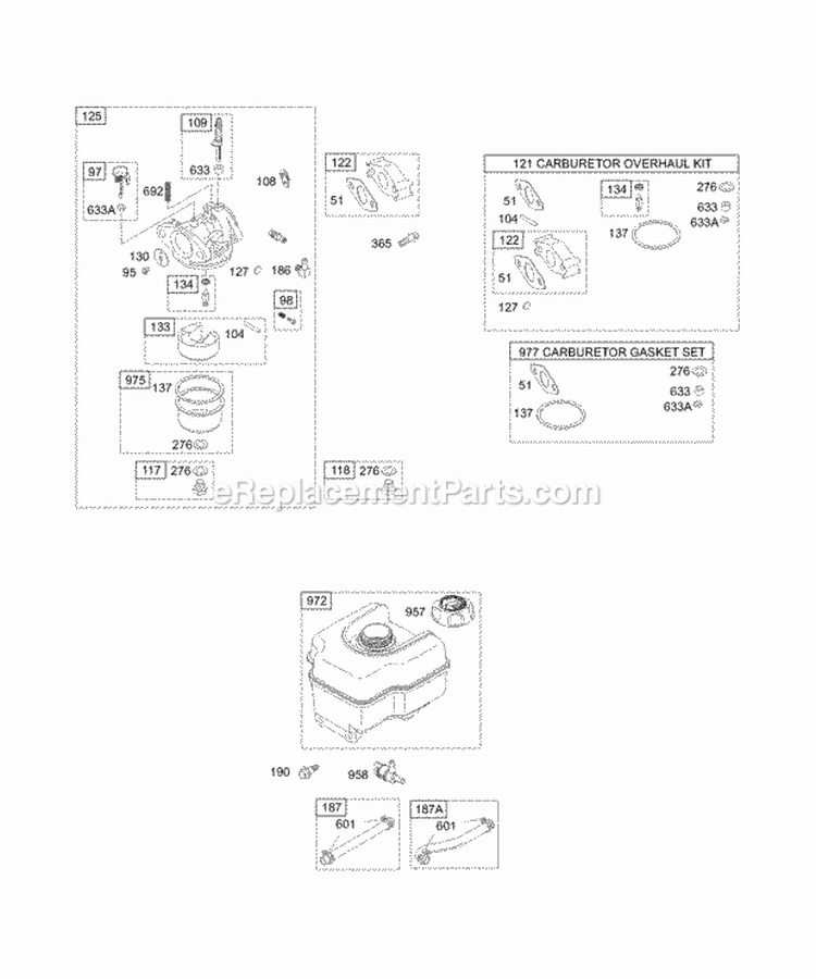 Carburetor Group Fuel Tank Group KitsGaskets - Carburetor Diagram and Parts List for 12E494-0110-E1  Briggs and Stratton Engine
